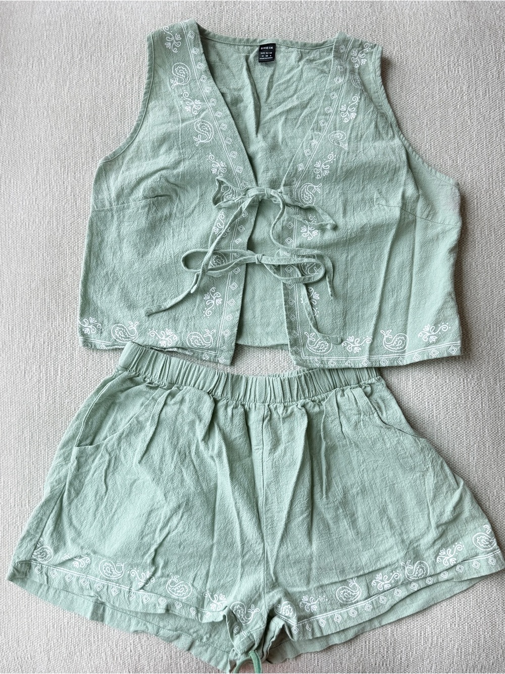 Light Sage Embroidered Tie-Front Linen Top & Shorts Set